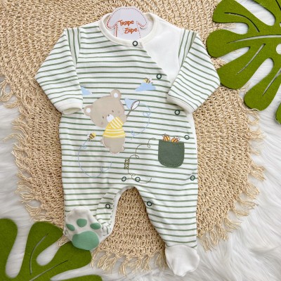  Macacão Trape Zape - Ursinhos com Abelhas - Off White com Listras Verde